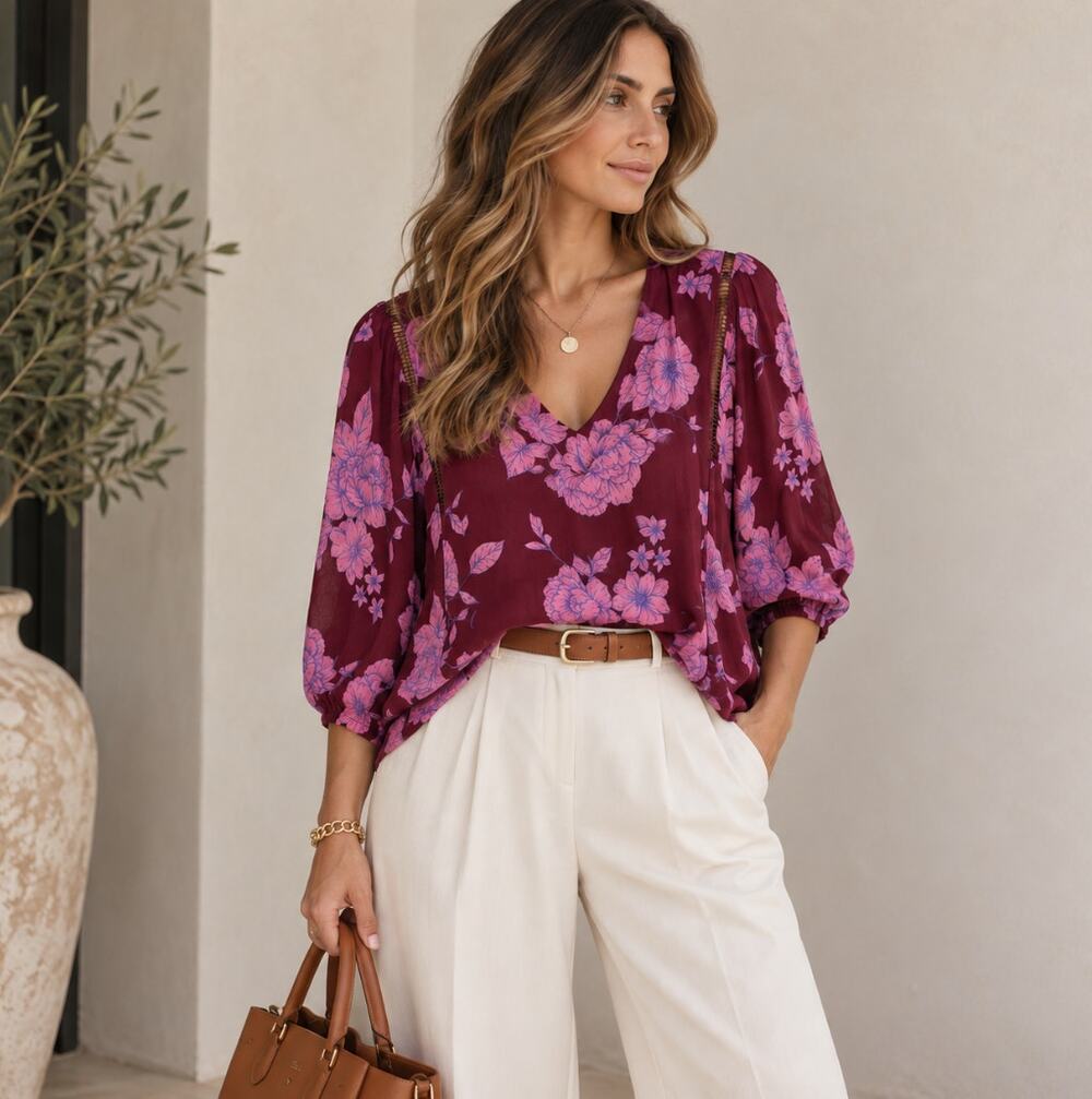 ANTHROPOLOGIE x MAEVE Bohemian Flowy Blouse Pink Maroon Floral Sz L $98 {3H44}